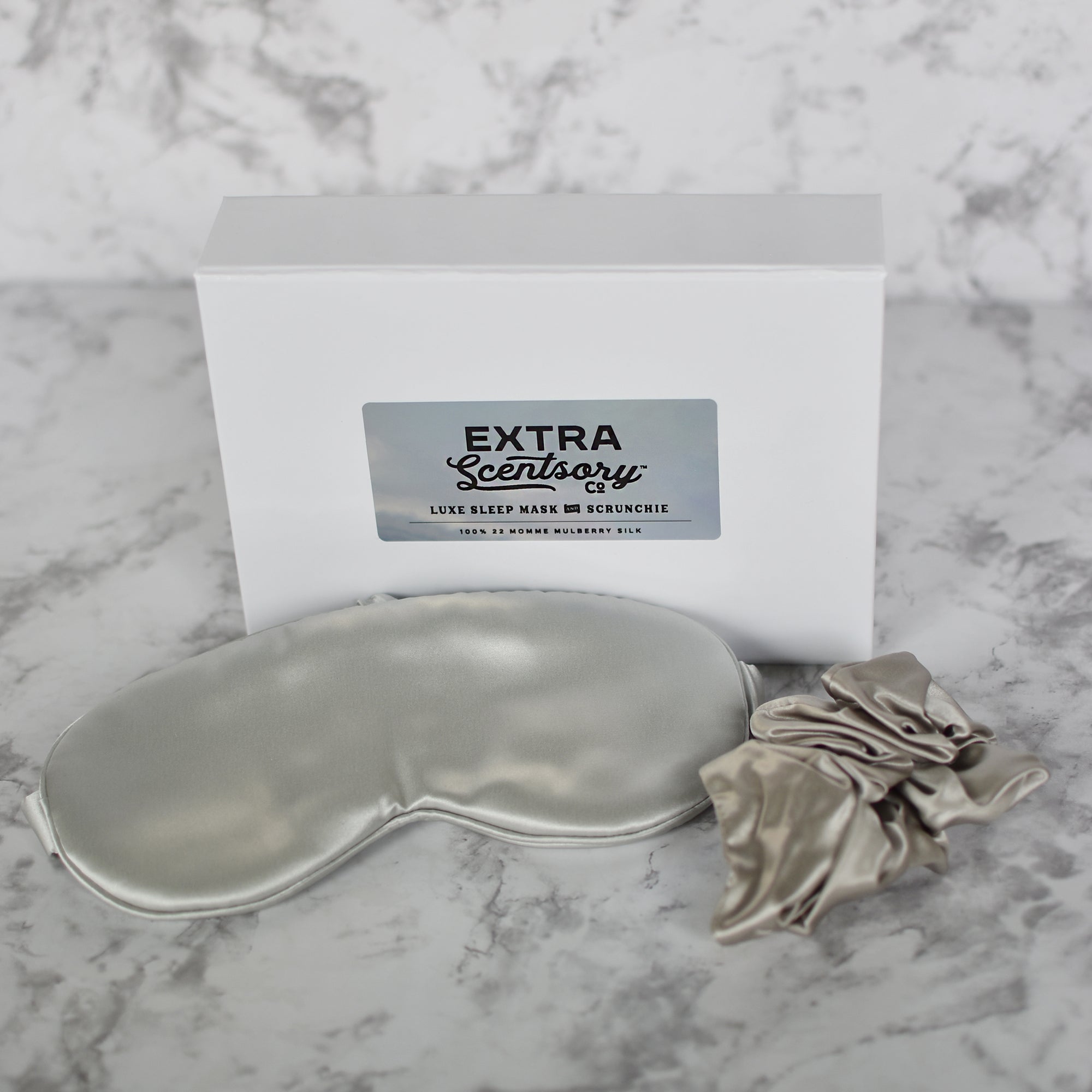 Silver silk sleep mask and scrunchie set, made of 100% 22 momme mulberry silk